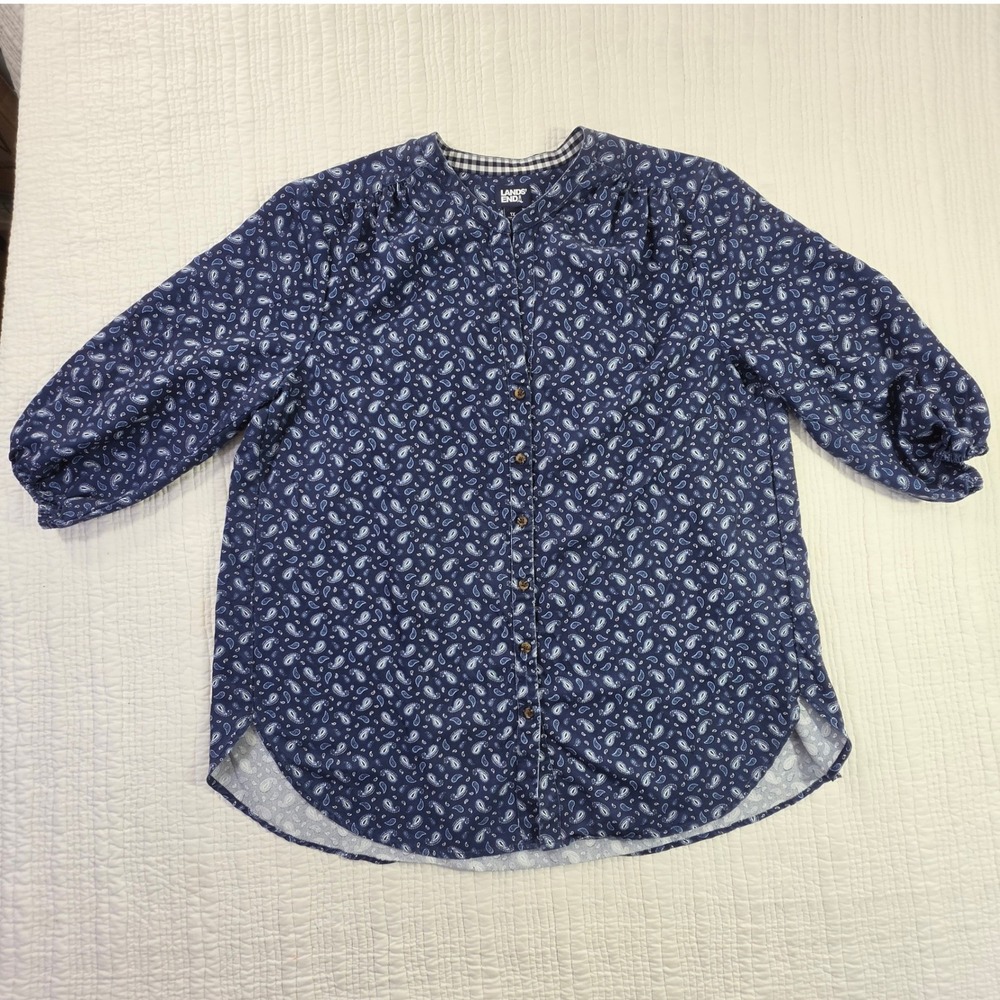 Lands End Navy Blue Paisley Band Collar Button Down Blouse Top 1X Plus Size EUC